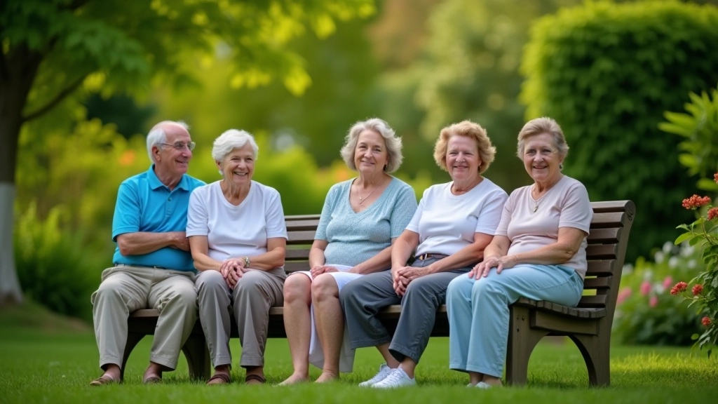 Senioru grupa pie pamūrējuma soliņa, smaidoši, vasaras dzīvības enerģija, zaļa daba fons
